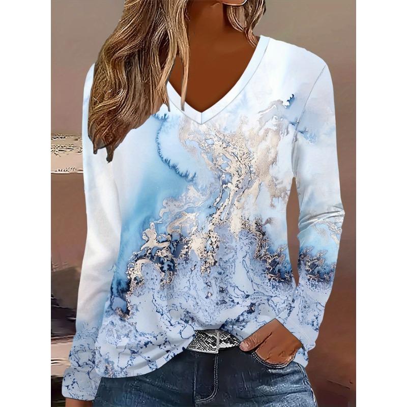 Women's Elegant V-Neck Marble Print Long Sleeve T-Shirt Soft Polyester Great for Autumn and Winter Casual Wear Floral Print Tops