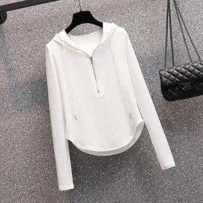 Threaded Drawstring Hooded T-shirt Women's Long-sleeved Spring and Autumn New Slim Slimming All-match Design Bottoming Top