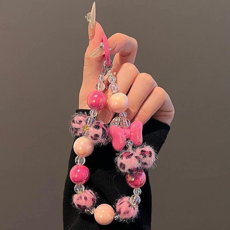 Leopard print pom-pom bow beaded short chain phone case lanyard CCD camera keychain wrist accessory A54-Pink leopard print po