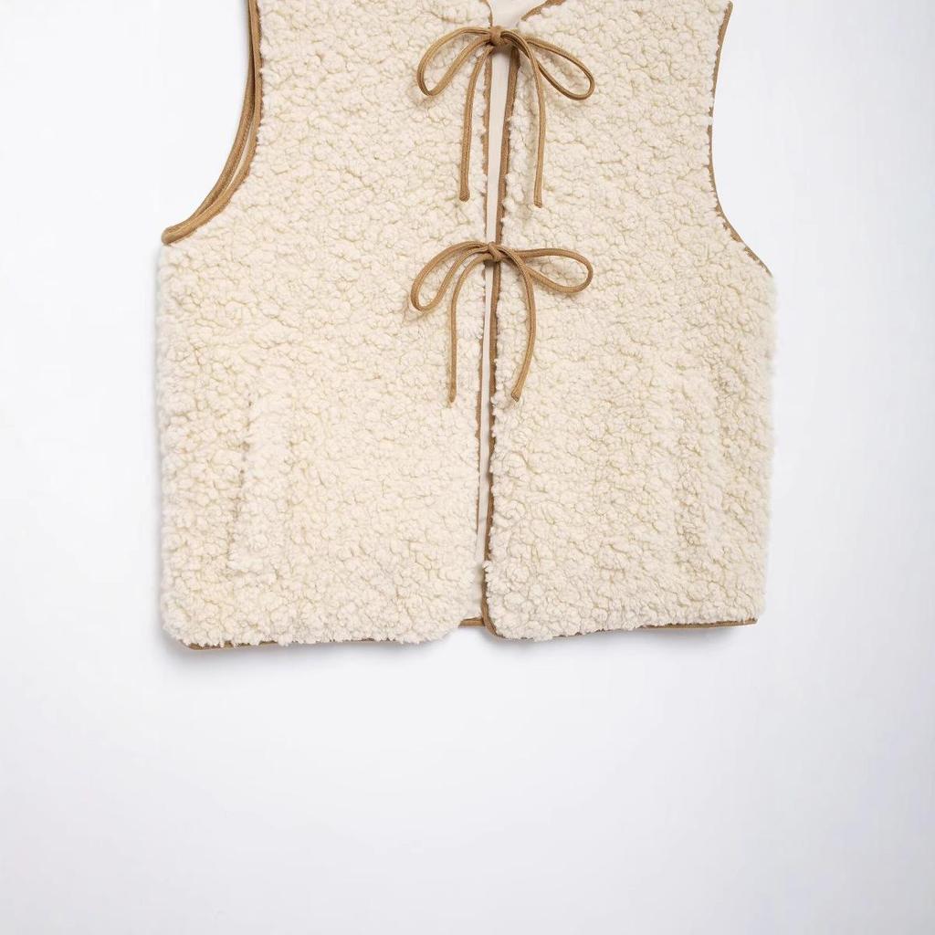 Gilet sans manches à lacets en cuir d'agneau pour femme - Nouveauté automne/hiver 2024