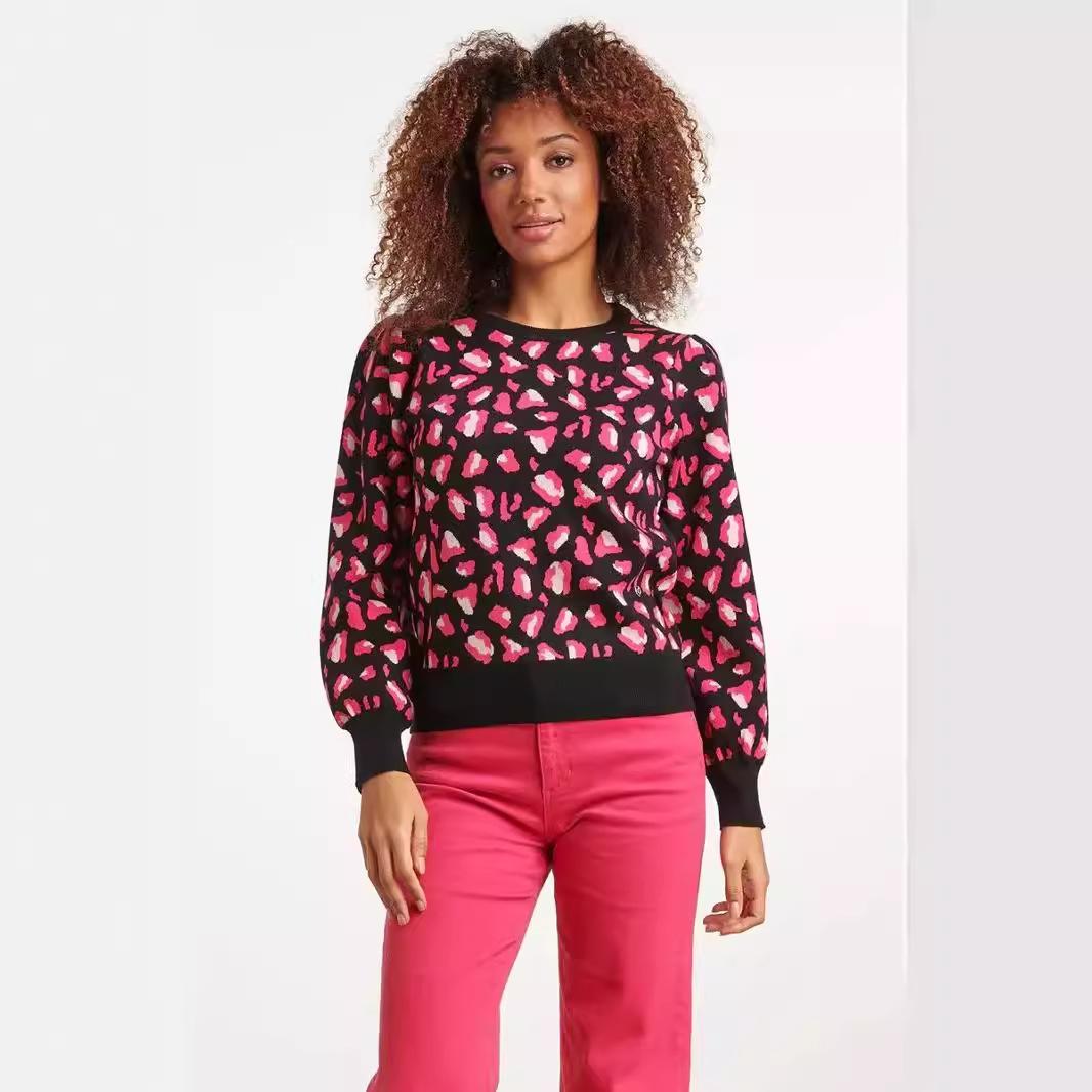 

Женский осенне-зимний повседневный свитер с леопардовым принтом и длинным рукавом с круглым вырезом L розы красного