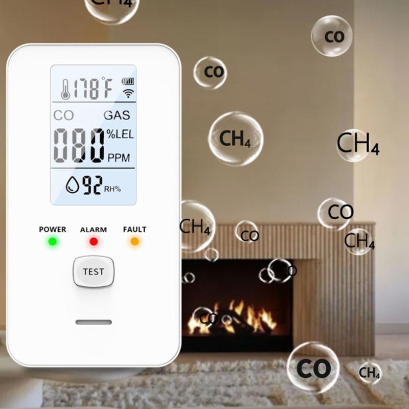 4 In 1 Gas Detectors with Methane CO Temperature Moisture Monitoring & Alarm Gas Leak Detectors Suitable for Home Safety