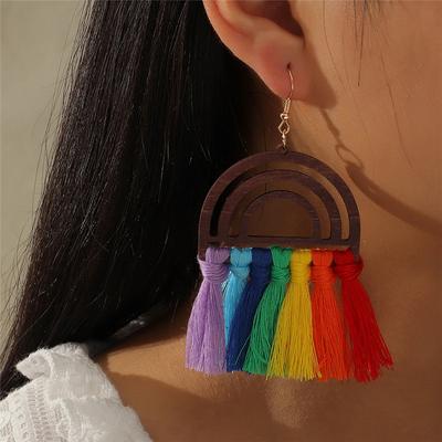 Bohemian Ethnic Style Wooden Rainbow Fringed Earrings Personalized Retro Exaggerated Vacation Travel Photo Earrings Women