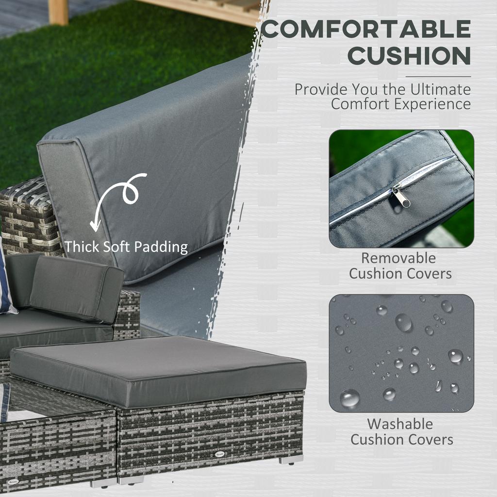 6 Pieces Rattan Garden Furniture Set, 5 Seater Garden Sofa Set with Thickened Cushions, Glass Top Coffee Table and Ottomans