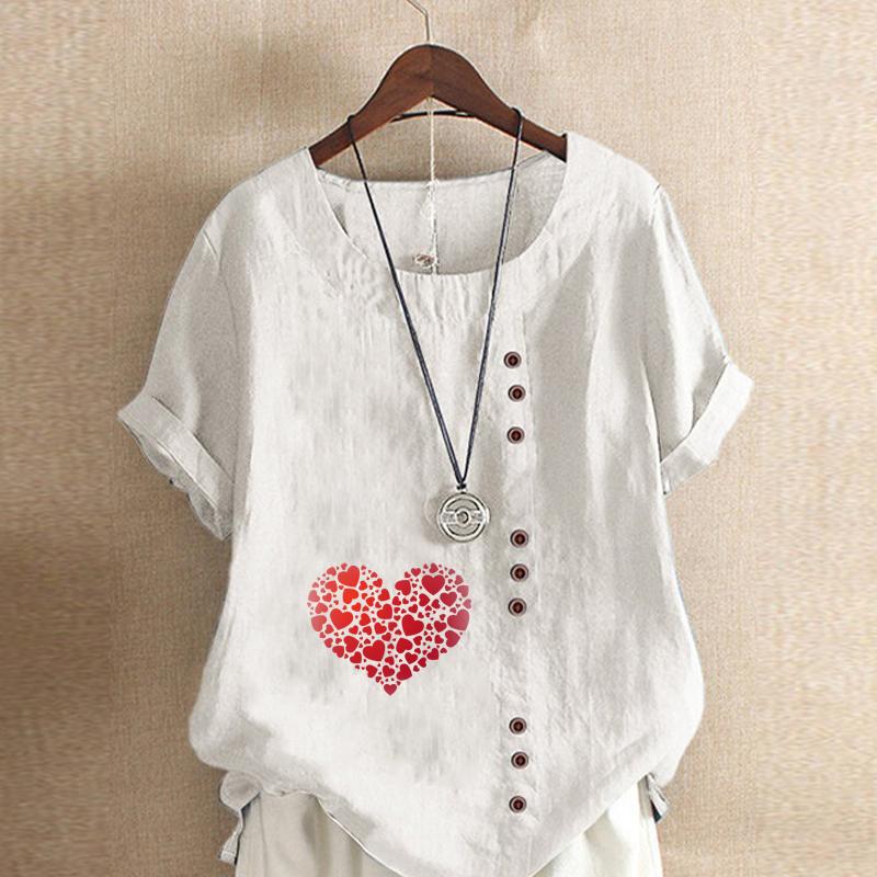 Women's Fashion Round Neck Short Sleeve T-shirt Casual Cotton Linen Graphic Shirt Leisure Loose Heart-shaped Prined Summer Blouse Tops