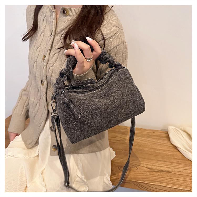 Korean Style Chic Denim Pleated Embroidered Crossbody Bag for Women