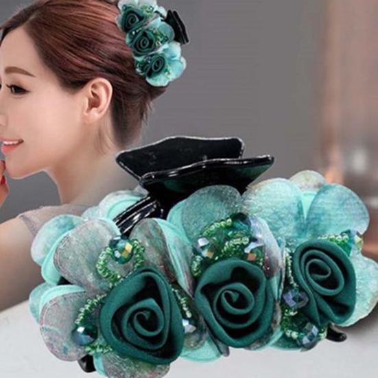 Non-slip Crossing Teeth Women Hair Claw Flower Beads Decor Bow Bath Hair Claw Styling Tool