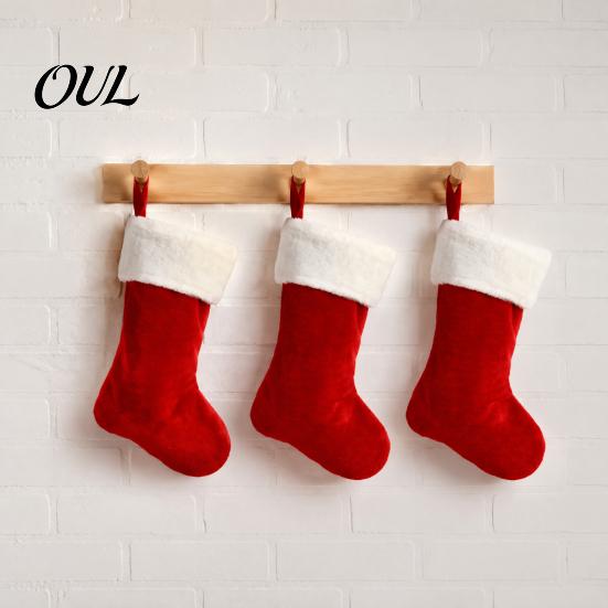 Red White Xmas Party Ornaments 18 Inch Christmas Stocking, Classic Large Fireplace Hanging Plush Stocking Small Toy Storage for with Soft Cuff