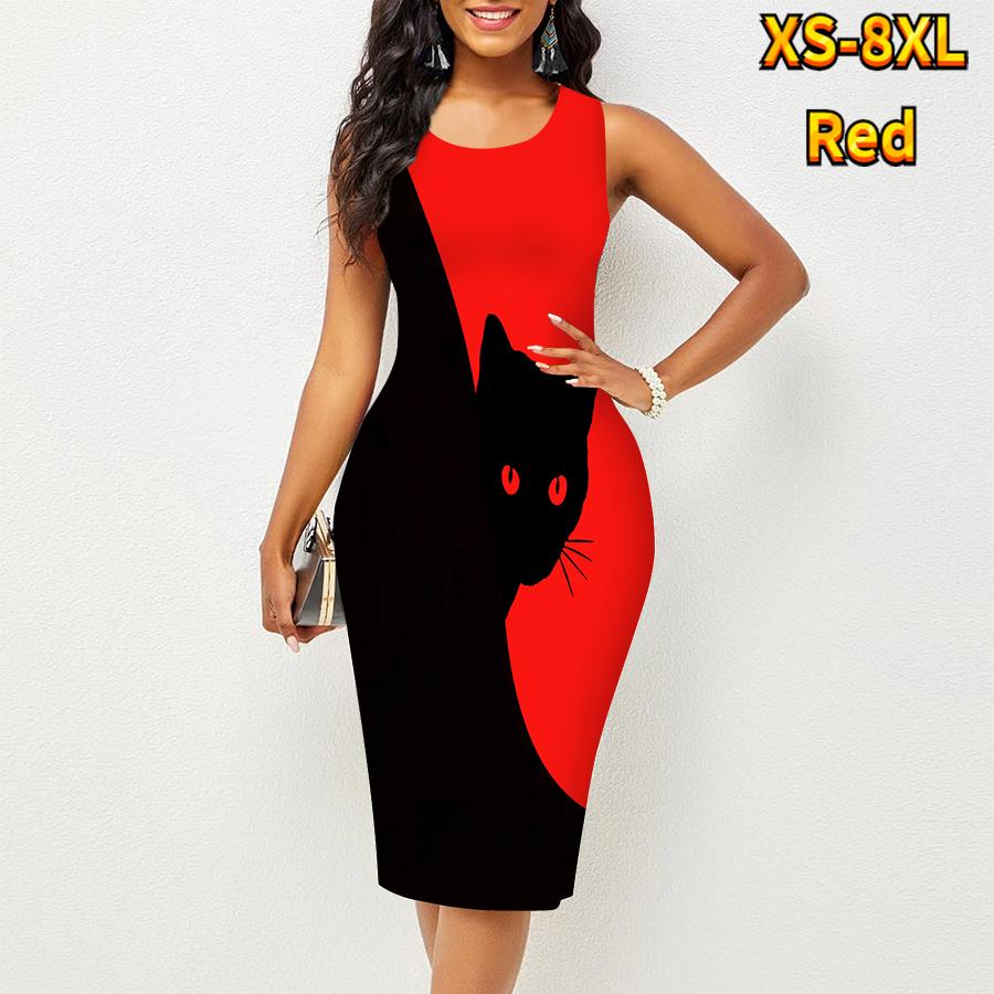 Damen Kleid Sling Sommerschwarz Katzendruck Kleider Eng Ärmellos Slim Fit Sexy Fashion Top Kleidung