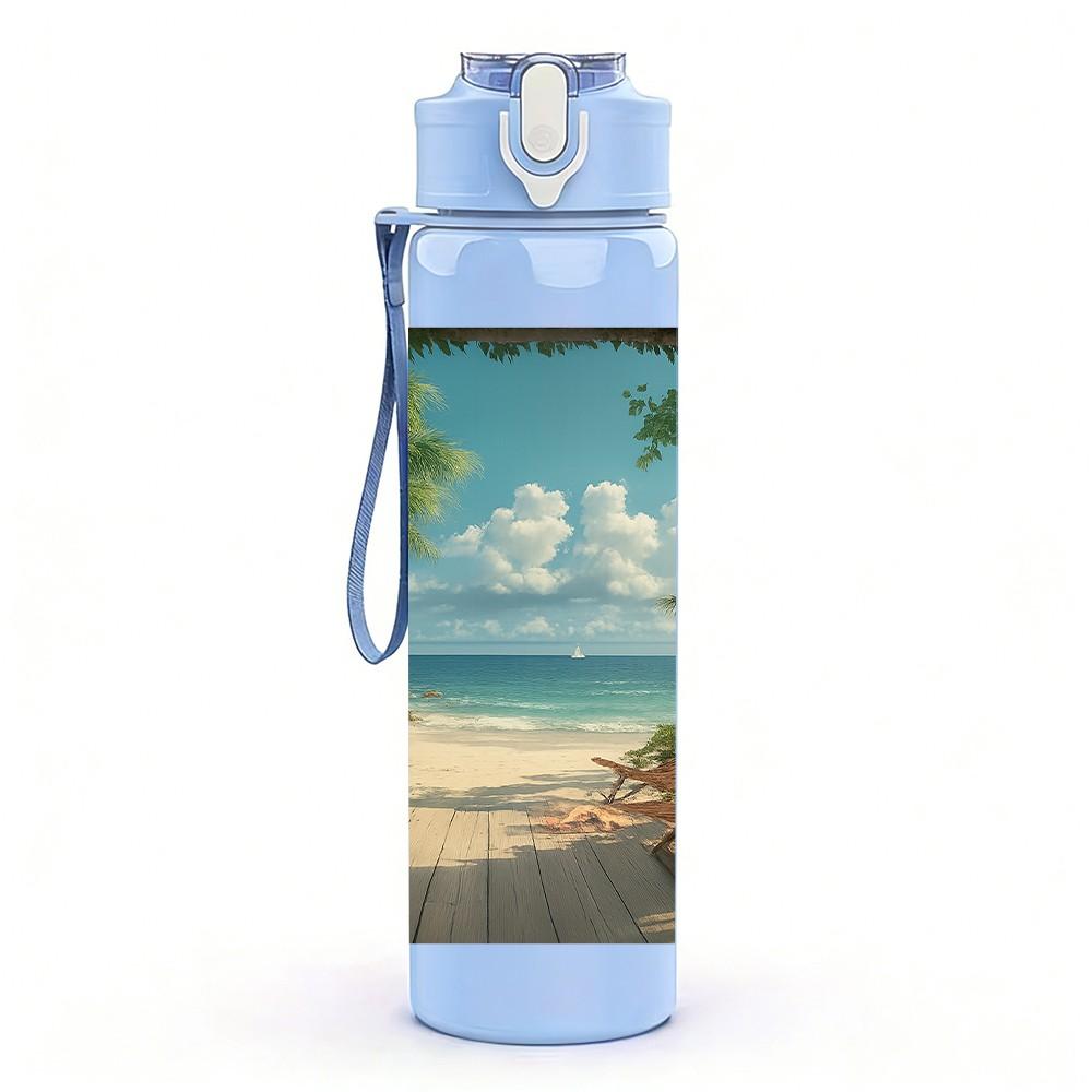 1PC Palm Tree Beach Tropical Shore Print 750ml Color Plastic Sports Water Bottle Leakproof Flip Straw Lid Suitable for Sports Office Home Use