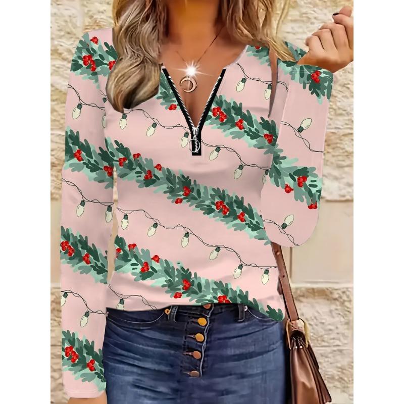 Christmas Pattern Zipper T-shirt, Casual Long-sleeved Top, Suitable for Spring and Autumn, Suitable for Home and Outdoor Wear
