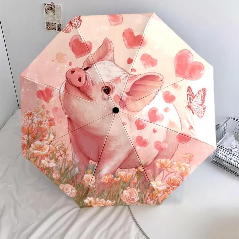 Pink Piglet Pattern, Automatic Folding Umbrella, Portable and Foldable Design, 8 Ribs, a Christmas or Birthday Gift.