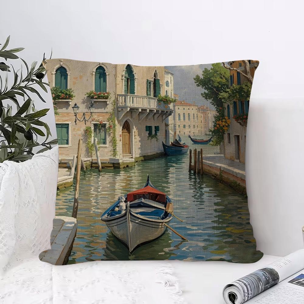 Oil Painting Venice Town Cushion Cover Eco Linen Pillow Case DoubleSided Print Breathable Durable Zipper Home Decor Gift