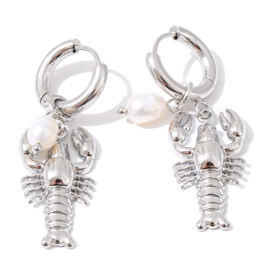 Yhpup Ocean Series Stainless Steel Crayfish Drop Hoop Earrings High Quality Natural Pearls Beach Daily Wear Jewelry for Women