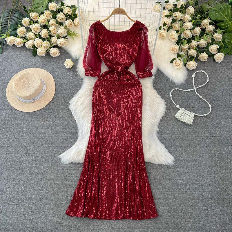 

Banquet Elegance Sequin Queen round Neck Fishtail Dress Red M