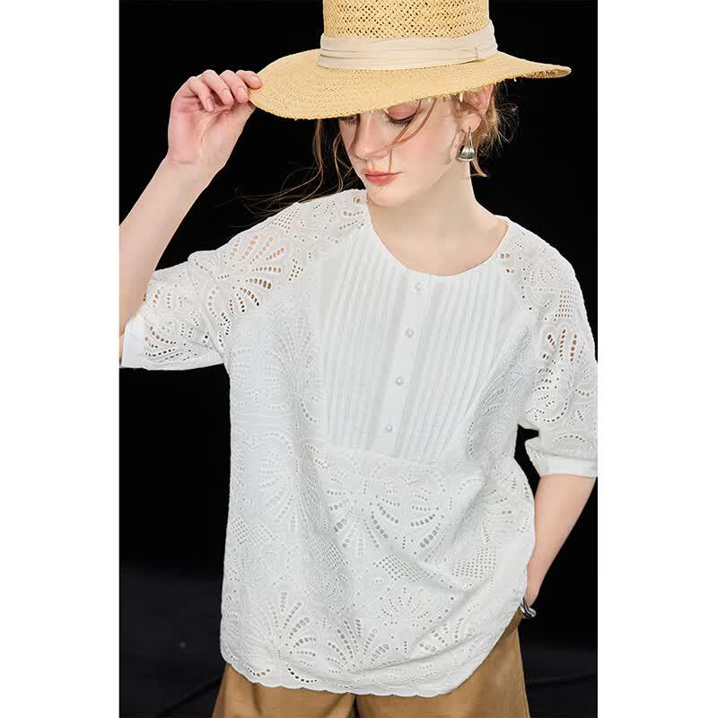 Wudao 100% Cotton French Round Neck Hollow-Out Mid-Sleeve Shirt M