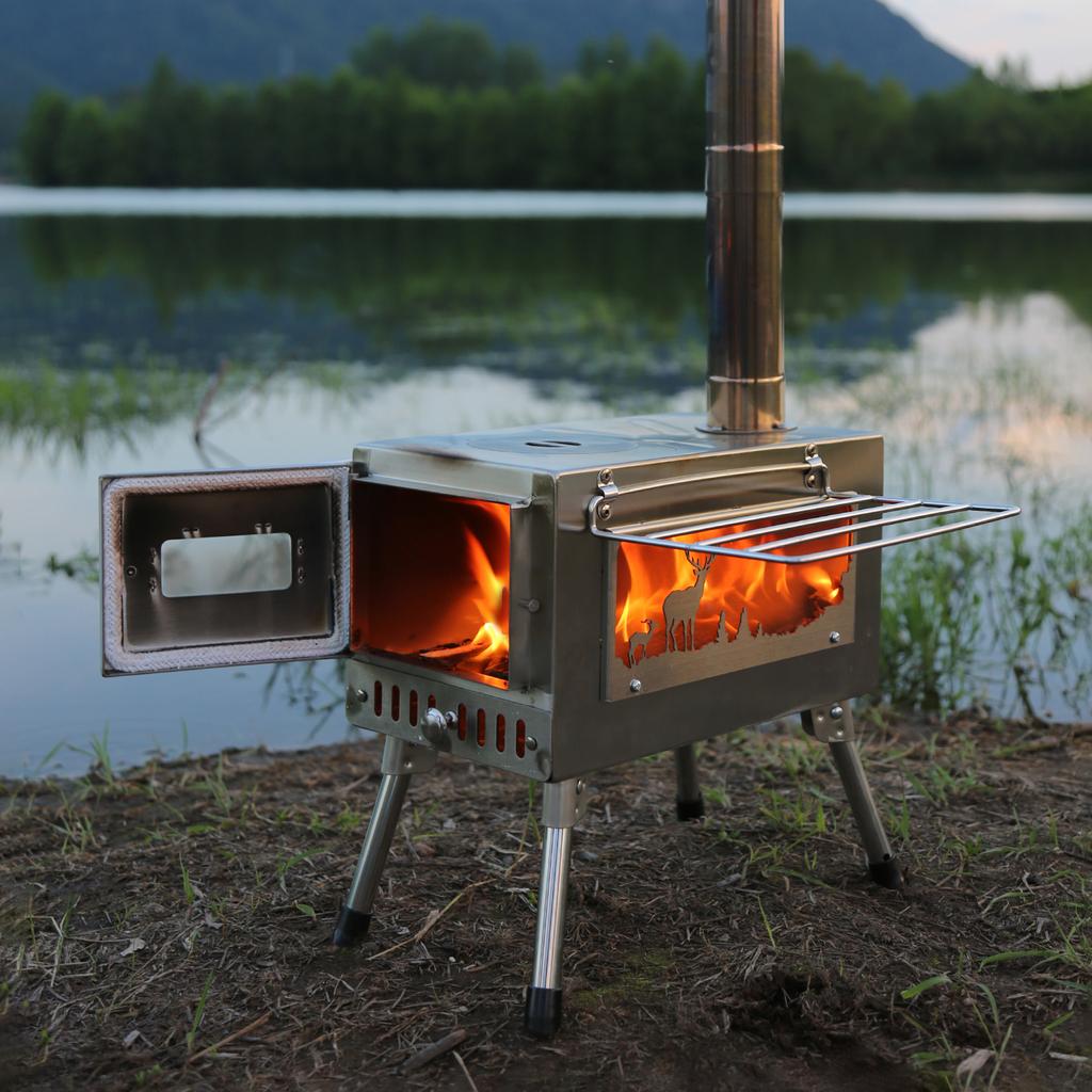 Holzofen für den Außenbereich, tragbarer Zeltofen mit Kaminrohr zum Kochen beim Camping