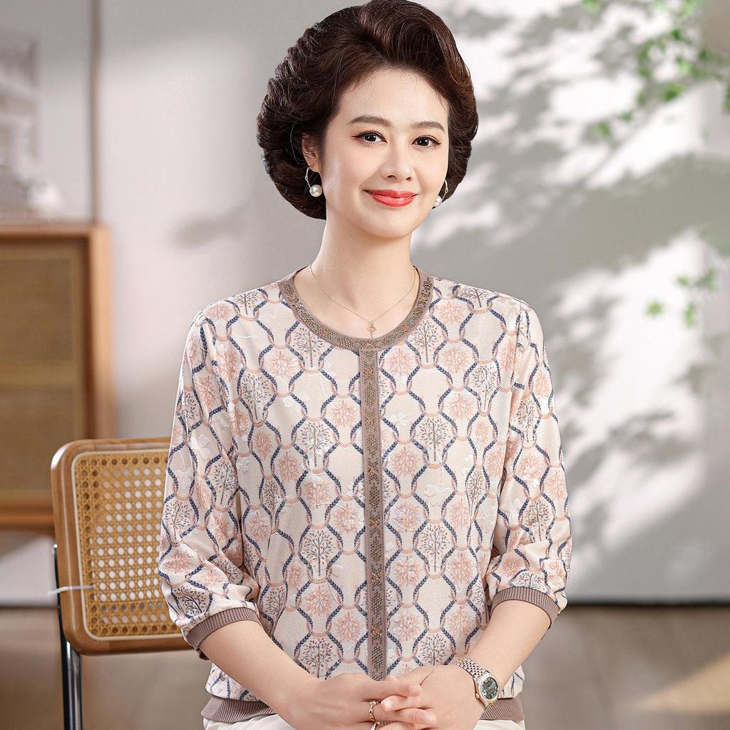 Mom's Spring/Summer Ice Silk Knit Top - Seven-Sleeve Style for Middle-Aged and Elderly Women