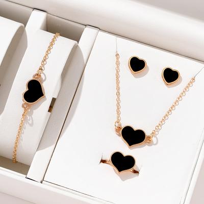 5 Piece Set Women Black Heart Zircon High End Fashion Creativity Suitable Gift Giving Necklaces Bracelets Rings Earrings Set