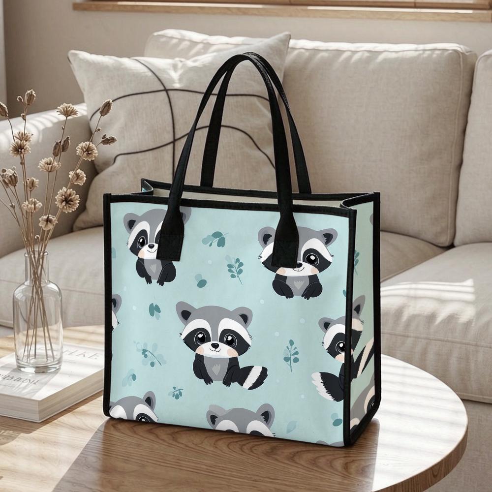 Cute Raccoon Printed Tote Bag Portable Casual Shopping Handbag Lightweight Daily Use Shoulder Bag