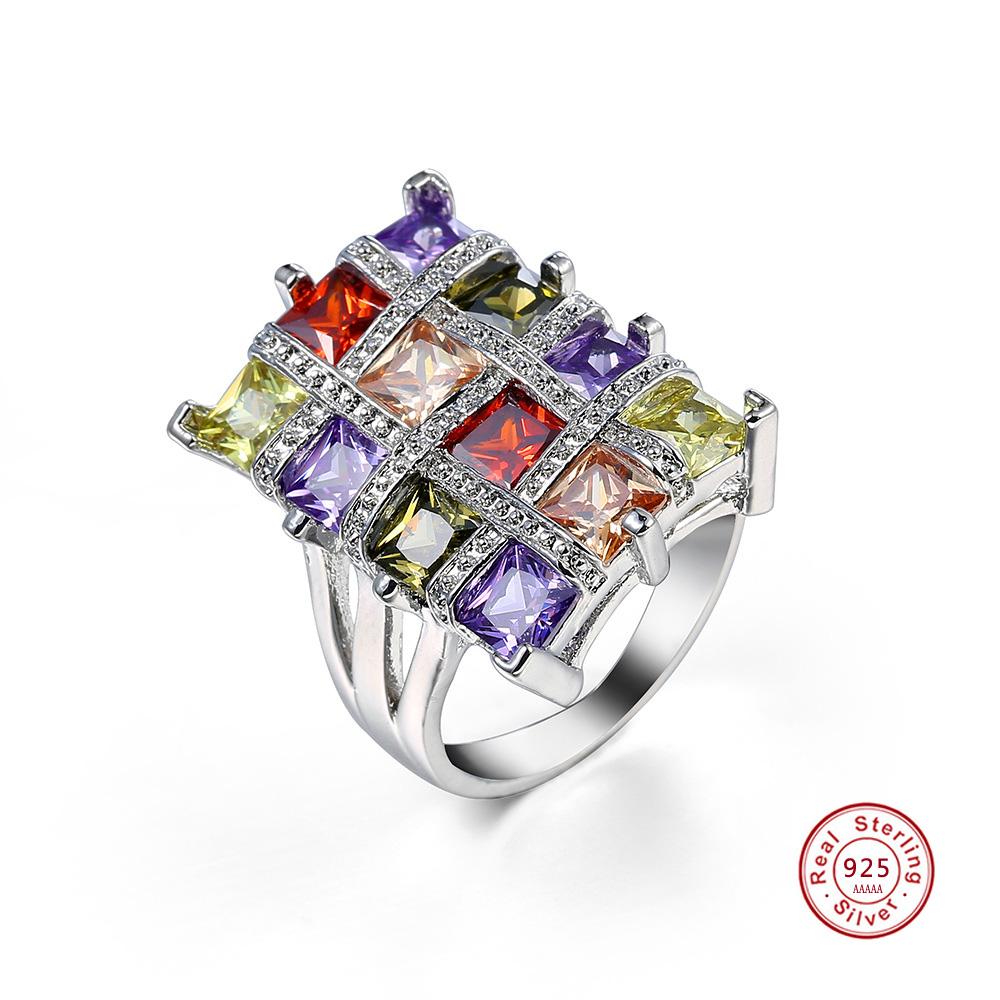 Modischer bunter CZ-Kristall Sterling-Silber Quadratische Breite Party-Fingerring für Damen Hochzeits-Verlobungsringe