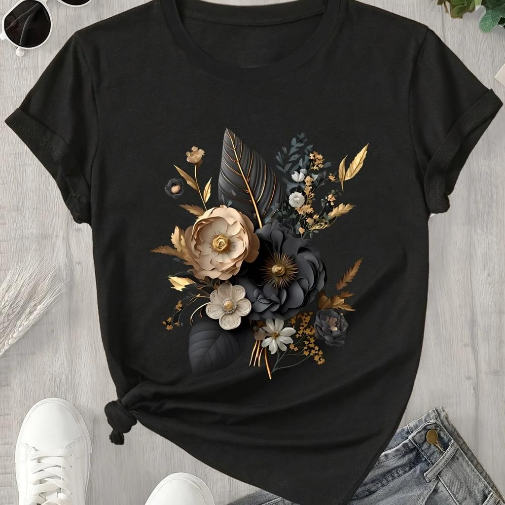 &apos Floral Print T-Shirt Short Sleeve Crew Neck Casual Top with Teal Golden Design Breathable Summer Aesthetic Clothes