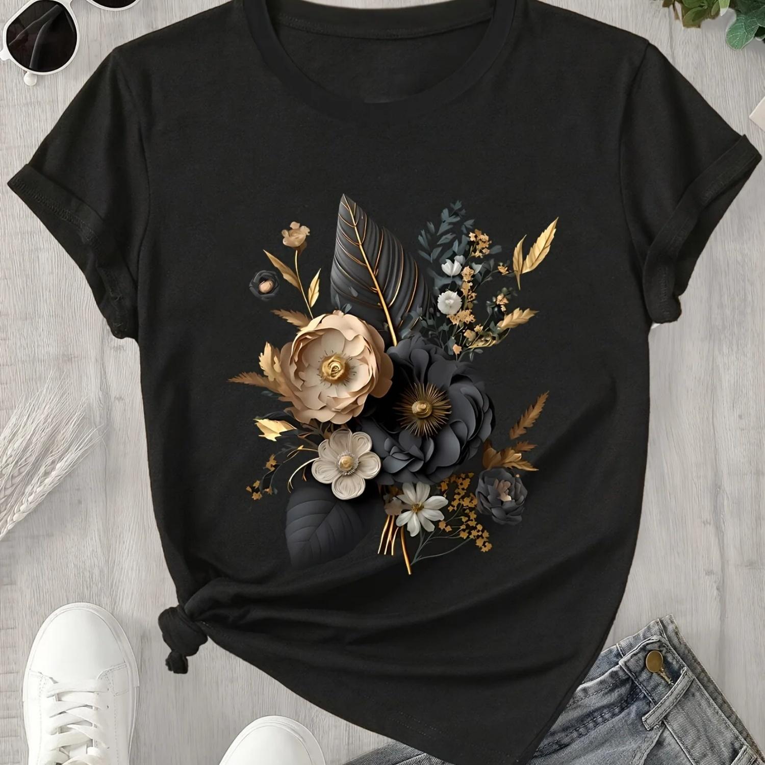 

&apos Floral Print T-Shirt Short Sleeve Crew Neck Casual Top with Teal Golden Design Breathable Summer Aesthetic Clothes S чёрный
