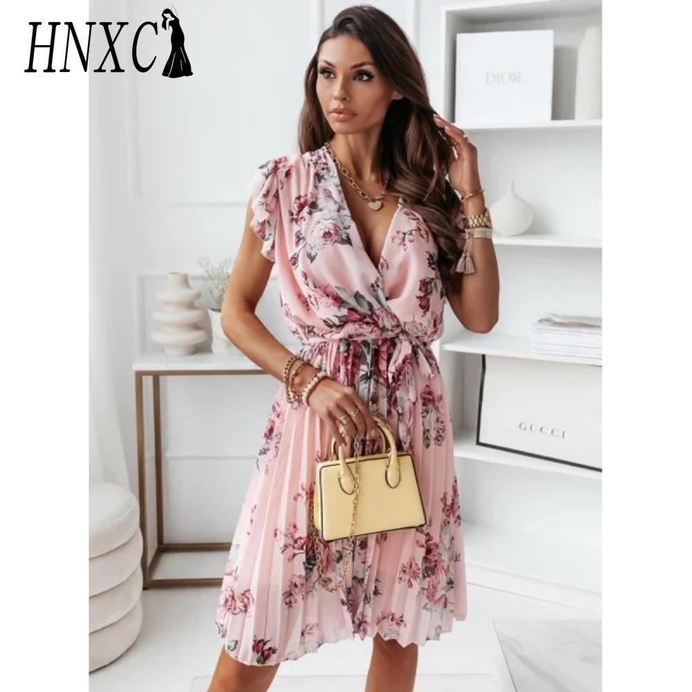 HNXC Loose Summer Pleated Women Midi Dress V Neck High Waist Casual Dress
