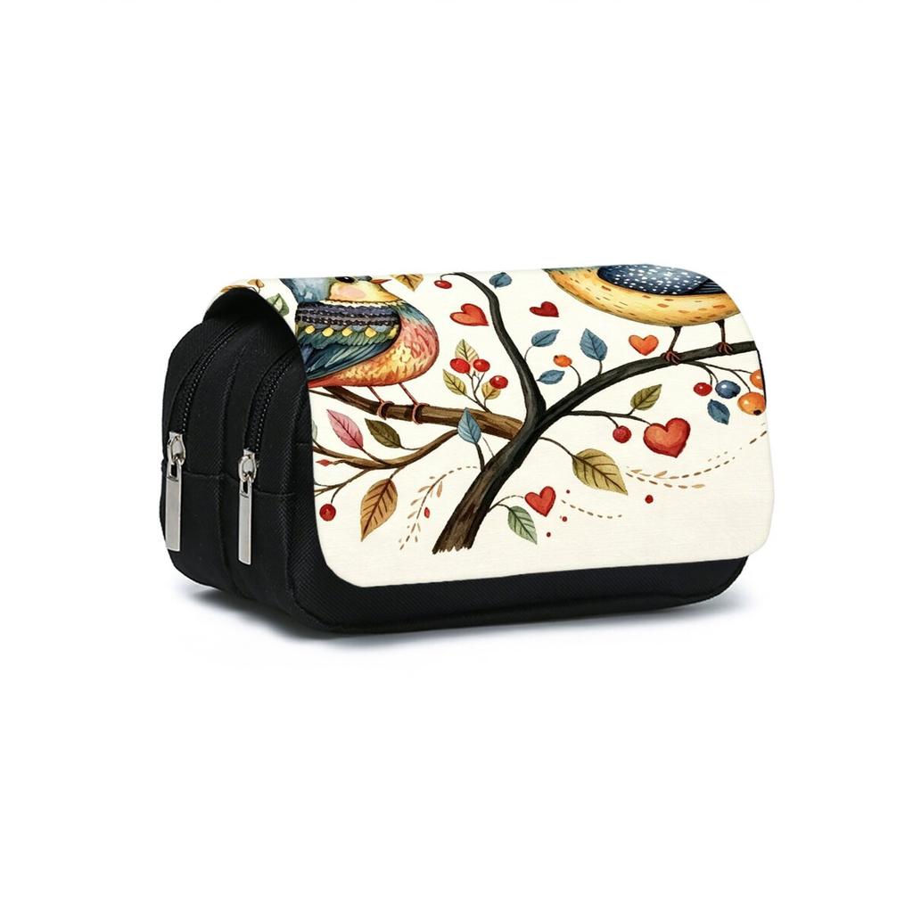Bird Print Double Layered Flip Pen Case for Boy/Girls Best Gifts 2D Cartoon School Supplies Pencil Case for Children