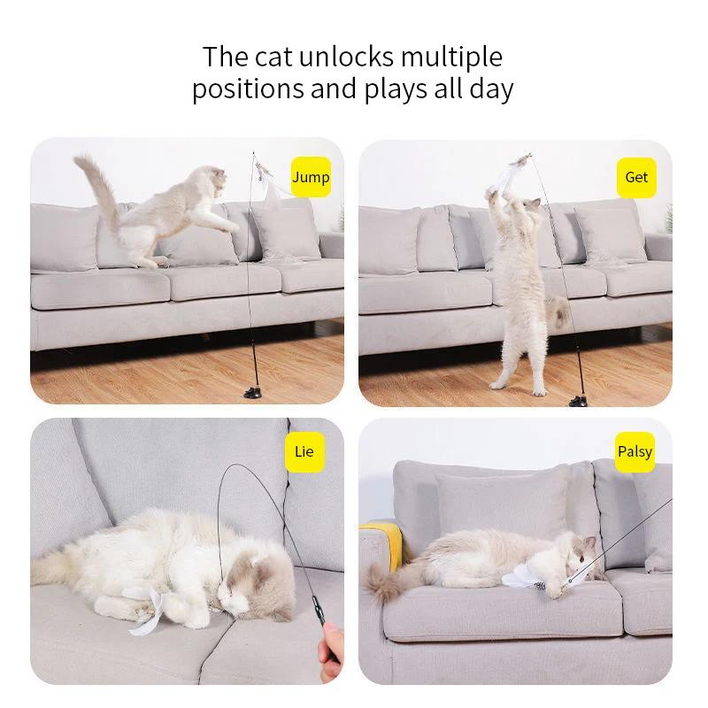 Premium Supplies High Quality Interactive Cat Toy Handfree Cat Stick Playing Kitten Playing Teaser Wand Toy Suction Cup BirdFeather Cat Wand Pet