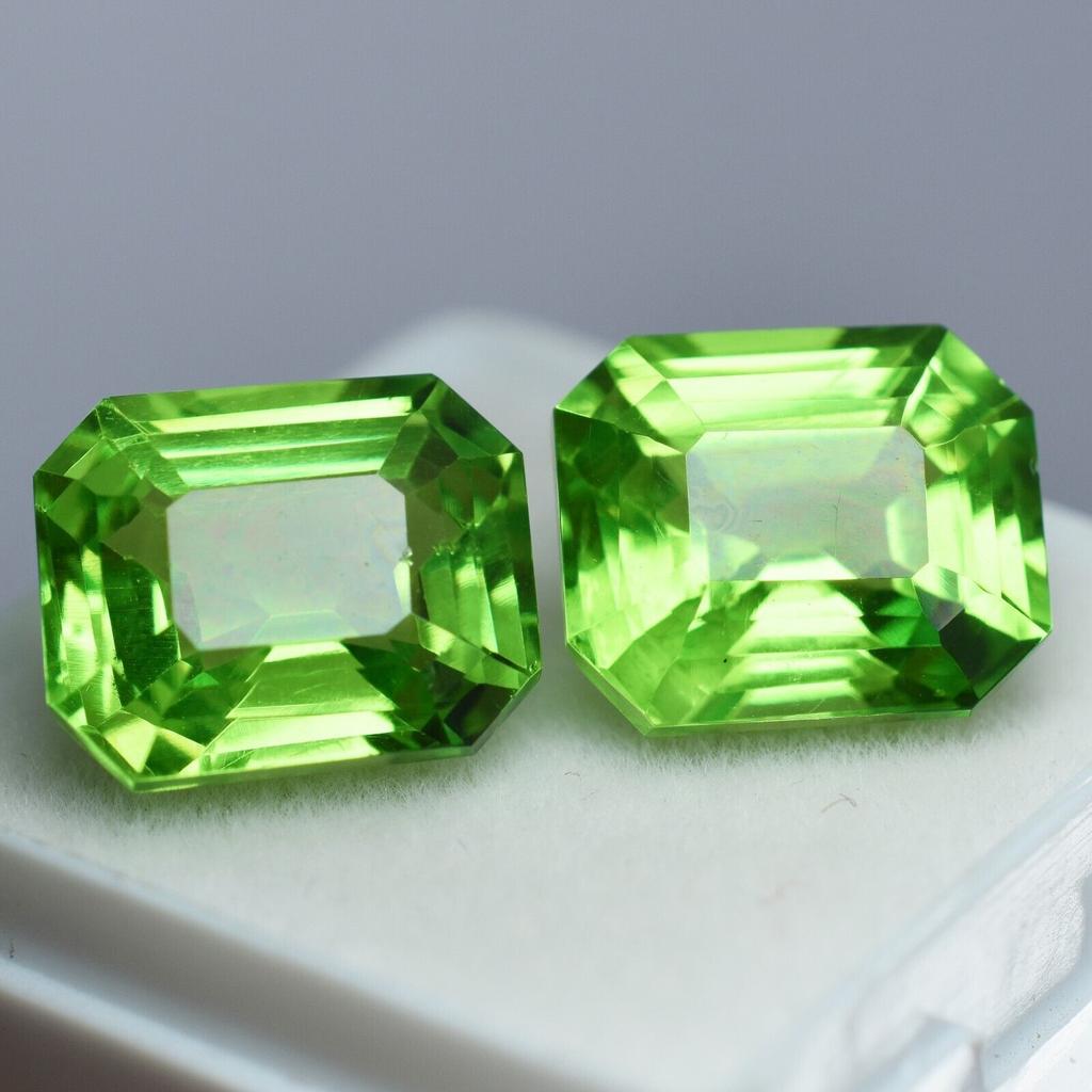 CERTIFIED 16.12 Ct Natural Peridot Emerald Cut Loose Gemstone PAIR For Jewelry