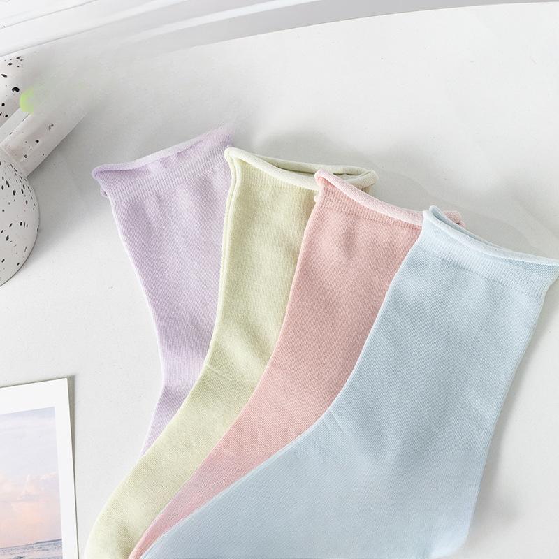 Loose Rolled-up Socks for Women In Summer, Thin and Breathable Mid-calf Socks, Solid-colored Cotton Pile Socks