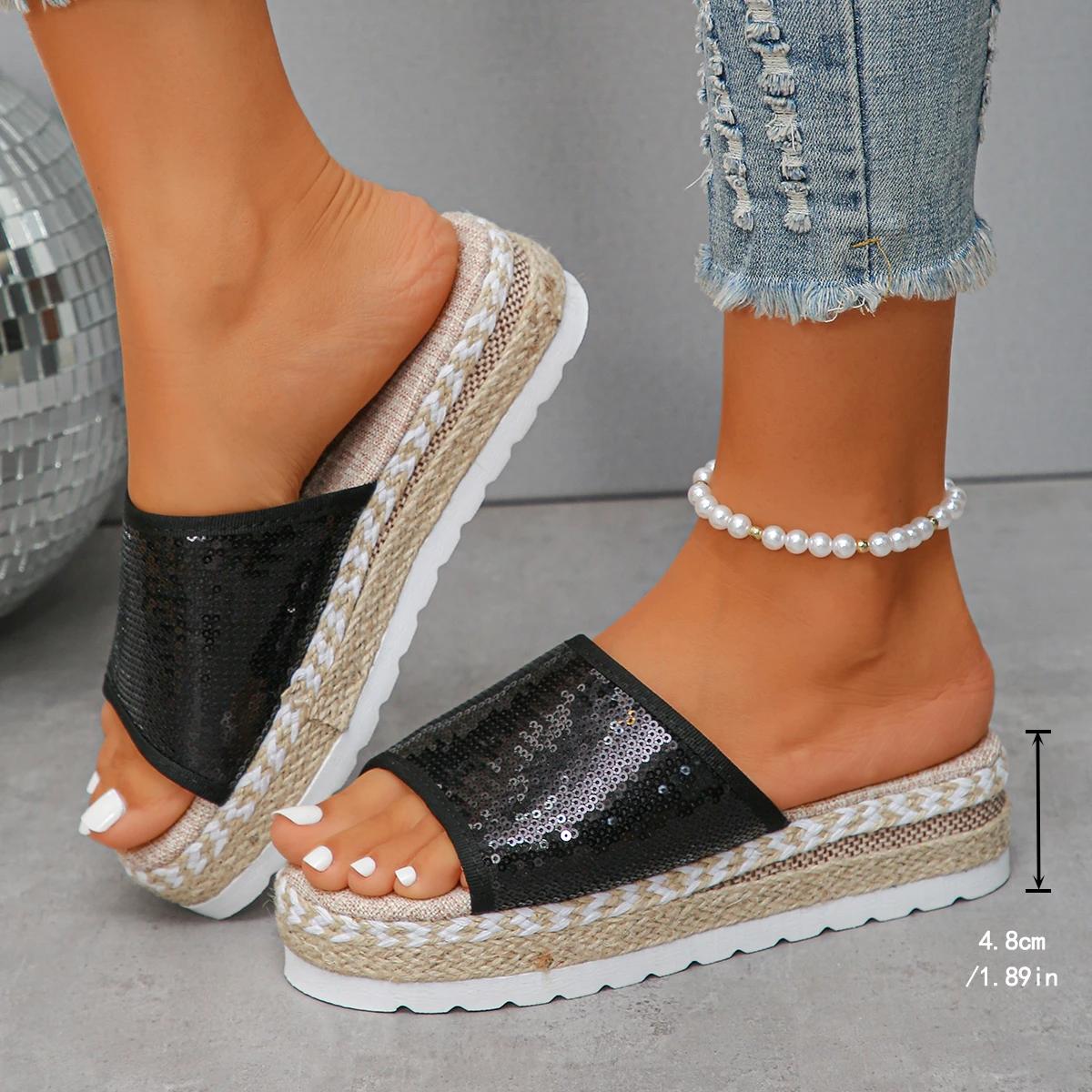 

Модная обувь бренда 2024 года для женщин. Базовые женские тапочки. Модные повседневные тапочки с пайетками. Новые женские босоножки на платформе с открытым носком. Zapatos 44 чёрный