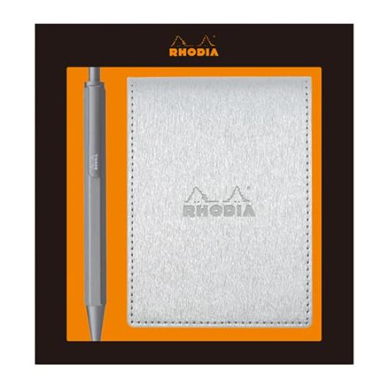 RHODIA Metallic PU Leather Ballpoint Pen Script Set Silver RHODIA A7 Notepad with 5mm RHODIA cfmtpu11setsv (Block No.11 White/80 Sheets, Grid)