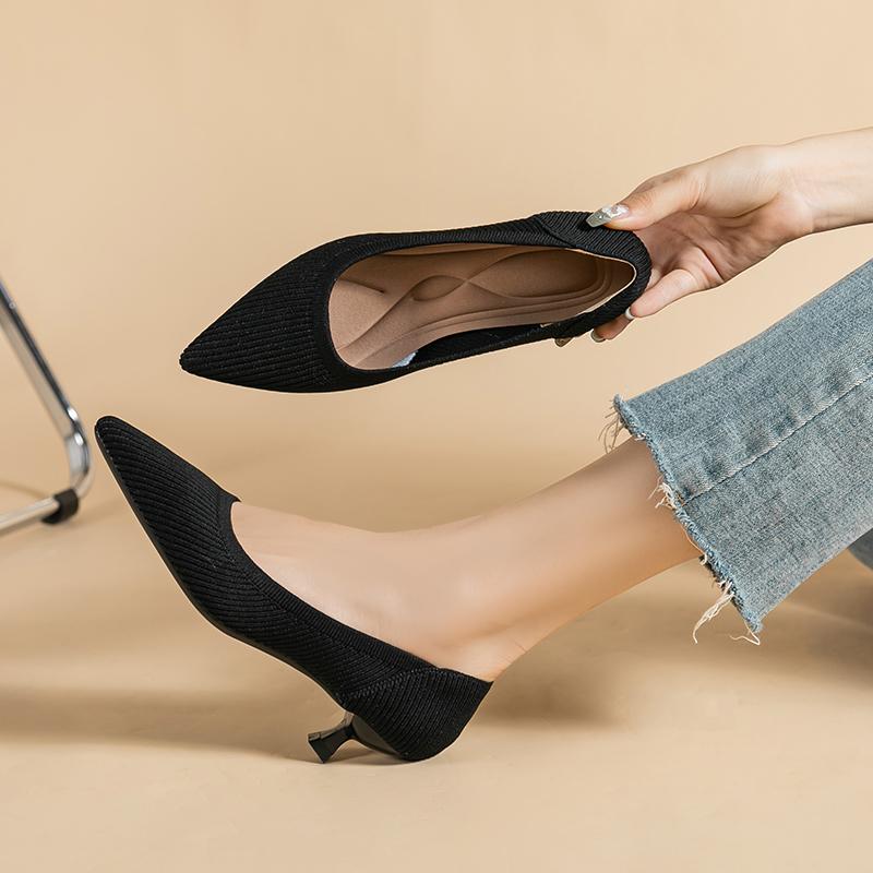 Spring and Autumn Women's Large Shoes High Heels Solid Color Knitted Breathable Rubber Non Slip Sole Latex Insole Work Shoe