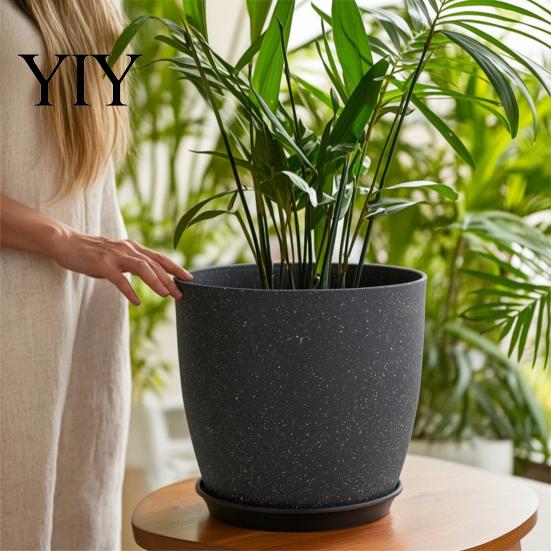 Drainage System Planters for Home Modern Plant Pot with Saucer, Gray Flower Decor Pots Entryway Holes, Stone-Look Planter Indoor Outdoor Plants Sturdy