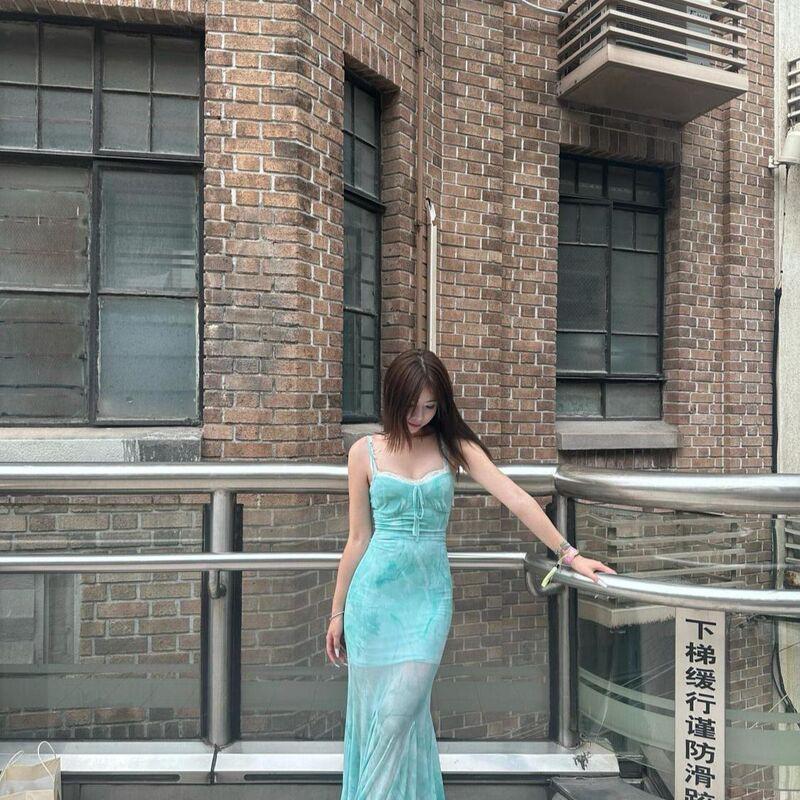Light Green Floral Print Mesh Slip Dress Women Beach Vacation Party Sexy Bodycon Mermaid Long