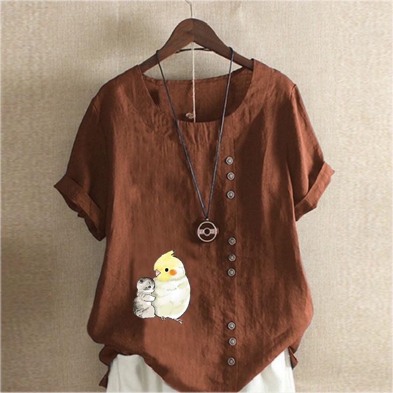 Women's Fashion Cat Parrot Prined Round Neck Short Sleeve T-shirt Casual Cotton Linen Graphic Shirt Leisure Loose Summer Blouse Tops Plus Size