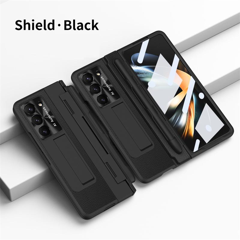 Full Protection Hinge Case for Samsung Galaxy Z Fold8 Ultra / 7 6 5 4 3 Plating PC+Leather Tempered Film Folding Kickstand Cover