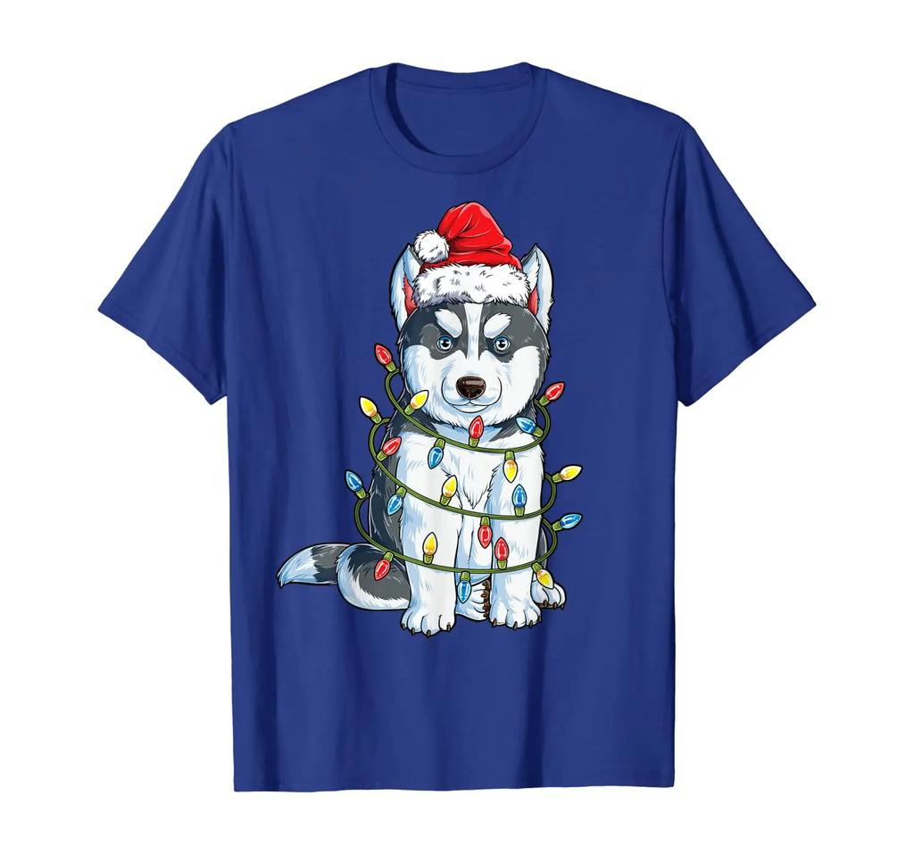 Siberian Husky Santa Christmas Tree Lights Xmas Gifts T Shirt 100 Cotton Short Sleeve ONeck Casual Tshirts New Size S3XL