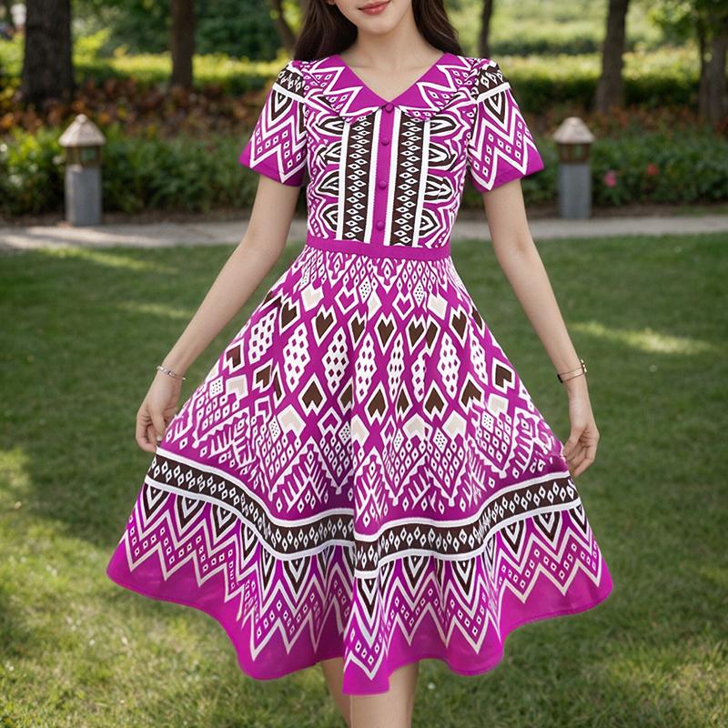 

ZANZEA Women Casual Doll Collar Short Sleve Retro Print Summer Dress S фіолетовий