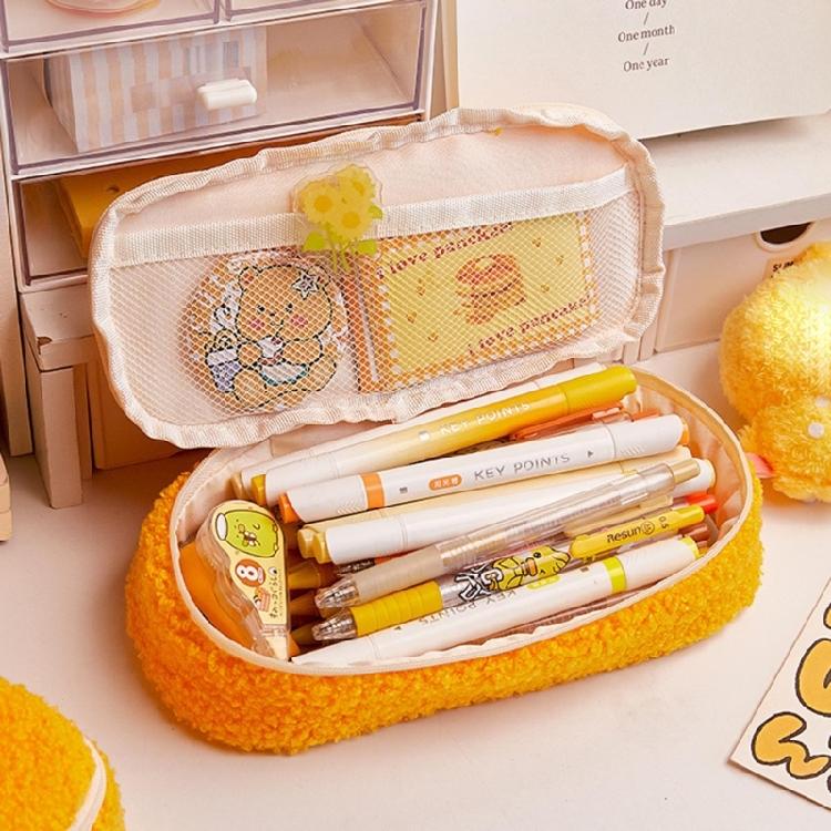 Cartoon Furry Shrimp Pencil Case Large Compartment Plush Pencil Pouches Zippered Closure For Offices School Travel Use