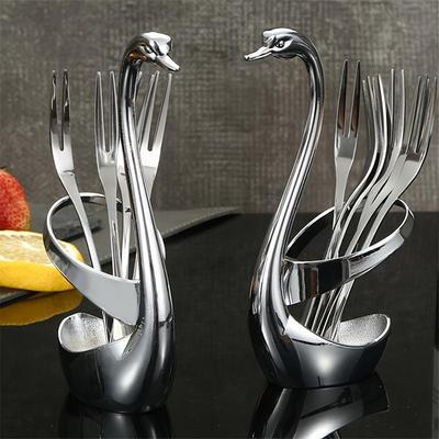 6pcs Set Stainless Steel Fruit Fork  Dessert Fork, Cake Two Tooth Fork, Creative Swan Base Tableware Storage Rack