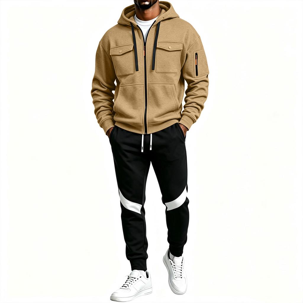 Men's Casual Tracksuit Set with Multi-Pocket Full Zip Hoodie and Black Sweatpants