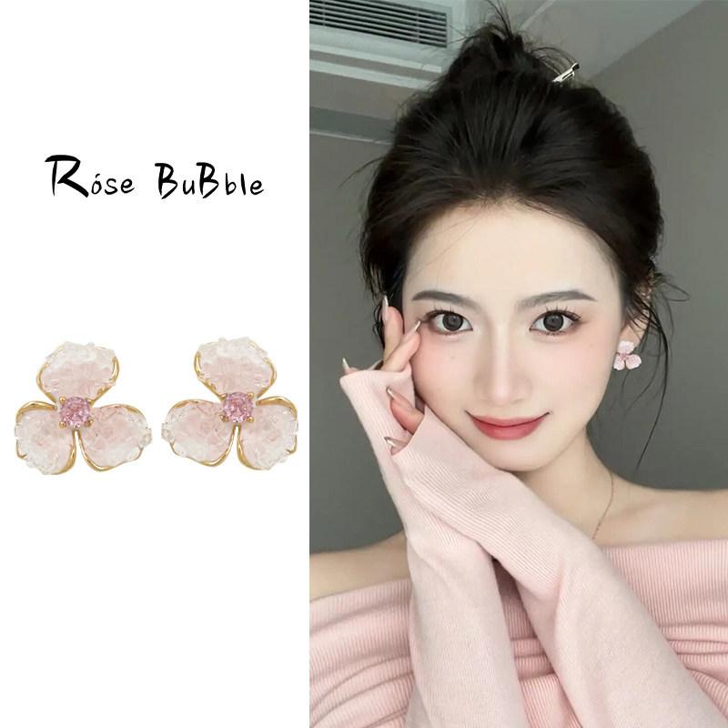 Pink gradient crystal flower earrings women s new explosive spring and summer high-end simple temperament stud earrings