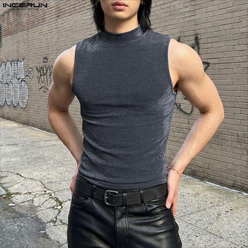 INCERUN Summer Men Mockneck Sleeveless Shiny Casual Tank Tops Vest