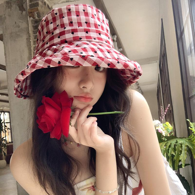 Love plaid bucket hat women's spring summer versatile washbasin hat big brim sunshade sunscreen hat tide