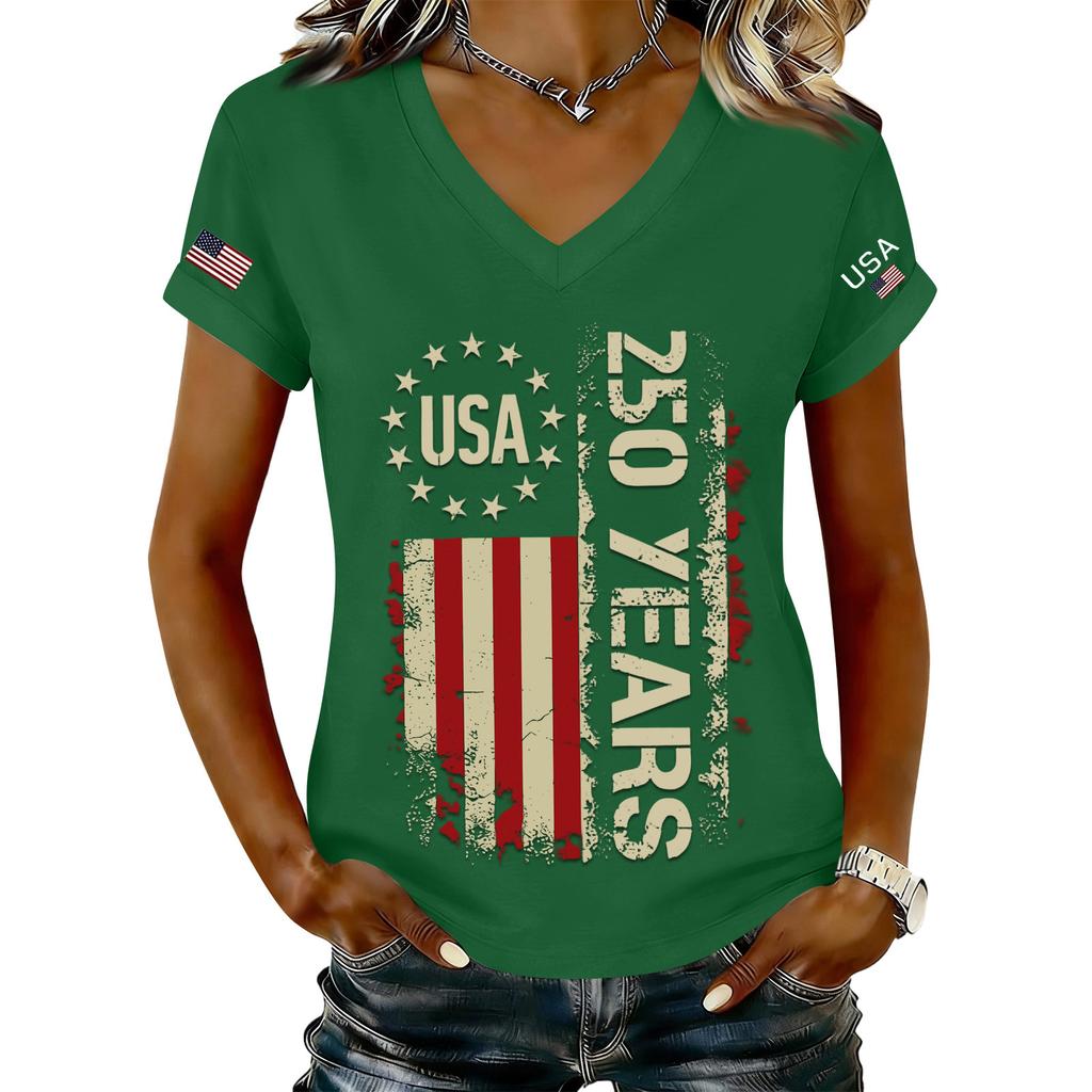 Women's Fashionable V-Neck Casual Retro Print Short Sleeved T-shirt Top