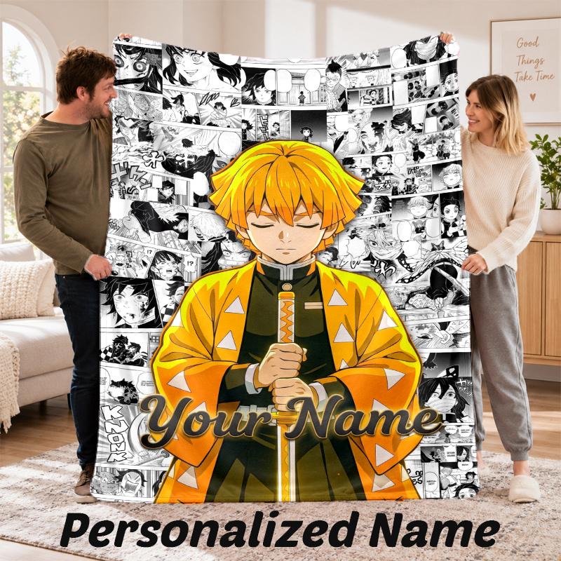 Benutzerdefinierter Name Zenitsu Agatsuma Flanell-Kuscheldecke Personalisierter Text Weiche Decke Bett Sofa Geschenk
