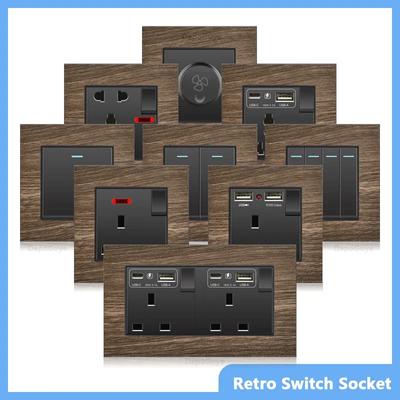 UK 18W Typ-C Schnelllade-Doppelsteckdose, Universelle Retro-Holzmaserung Elektrische USB-Steckdose, 220V Elektrischer Wandschalter